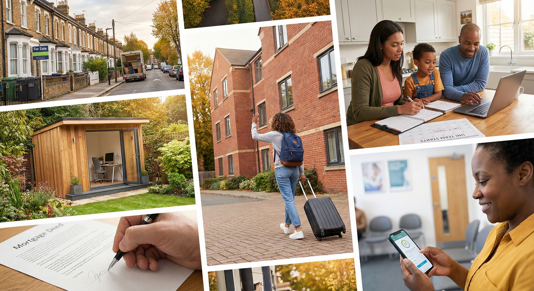 A masonry grid photographic collage illustrating autumn newsletter topics in the UK. The tiles show: a moving van on a terraced street with a 'For Sale' sign; a modern garden office room; a hand signing a legal mortgage deed; a student with a suitcase waving goodbye outside university accommodation; a family looking at a planner and laptop together; and a woman smiling while checking a health app on her phone in a waiting room.