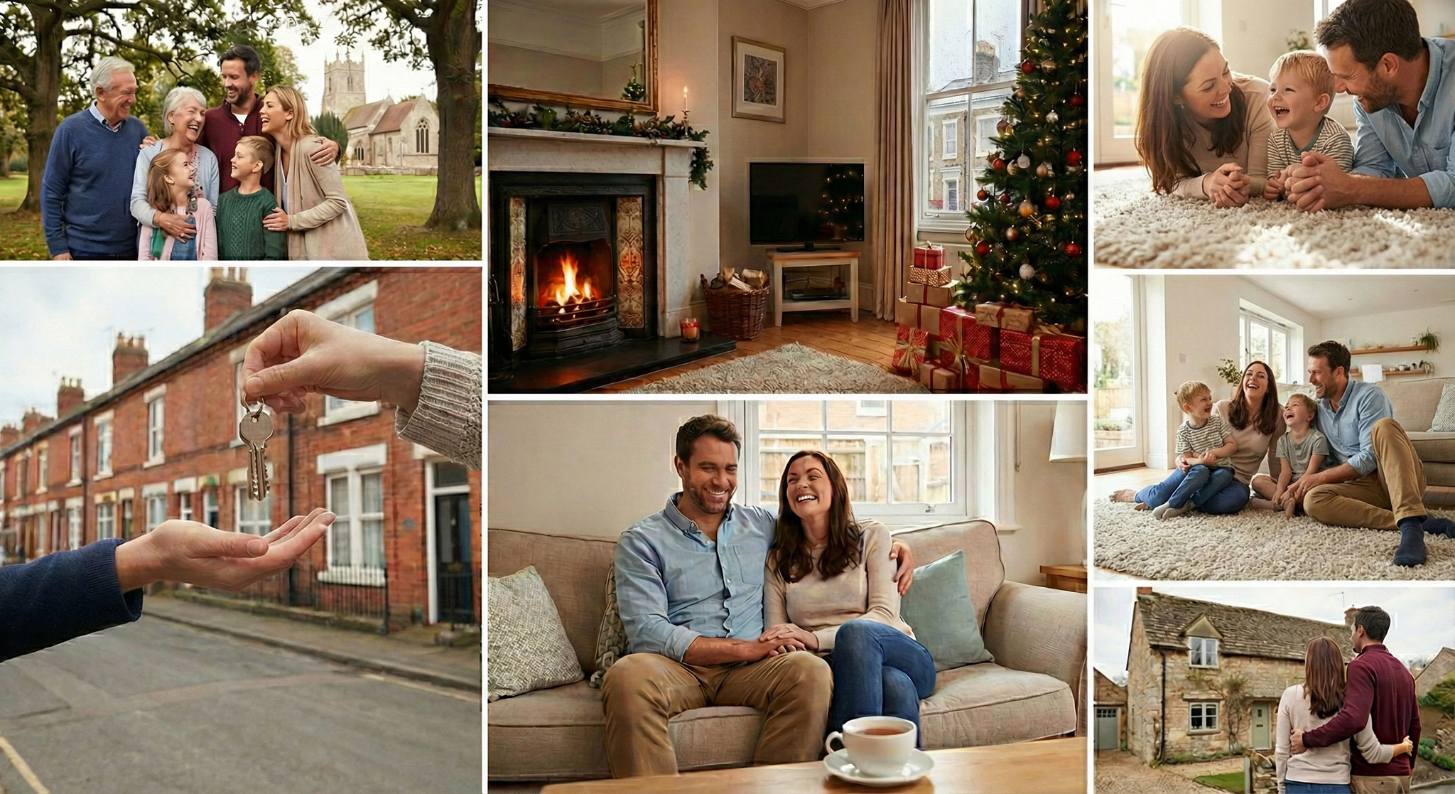 A seven-panel photo collage. Top row: A multi-generational family outdoors; a cozy living room with a decorated Christmas tree and lit fireplace; a family with a baby on a rug. Middle row: Hands exchanging house keys in front of brick homes; a couple sitting and smiling on a sofa; a family with two children on a rug. Bottom right: A couple with arms around each other looking at a stone cottage.
