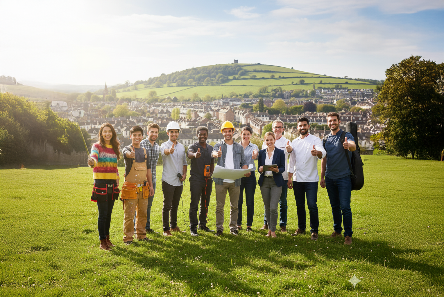 A group of diverse individuals giving a thumbs up