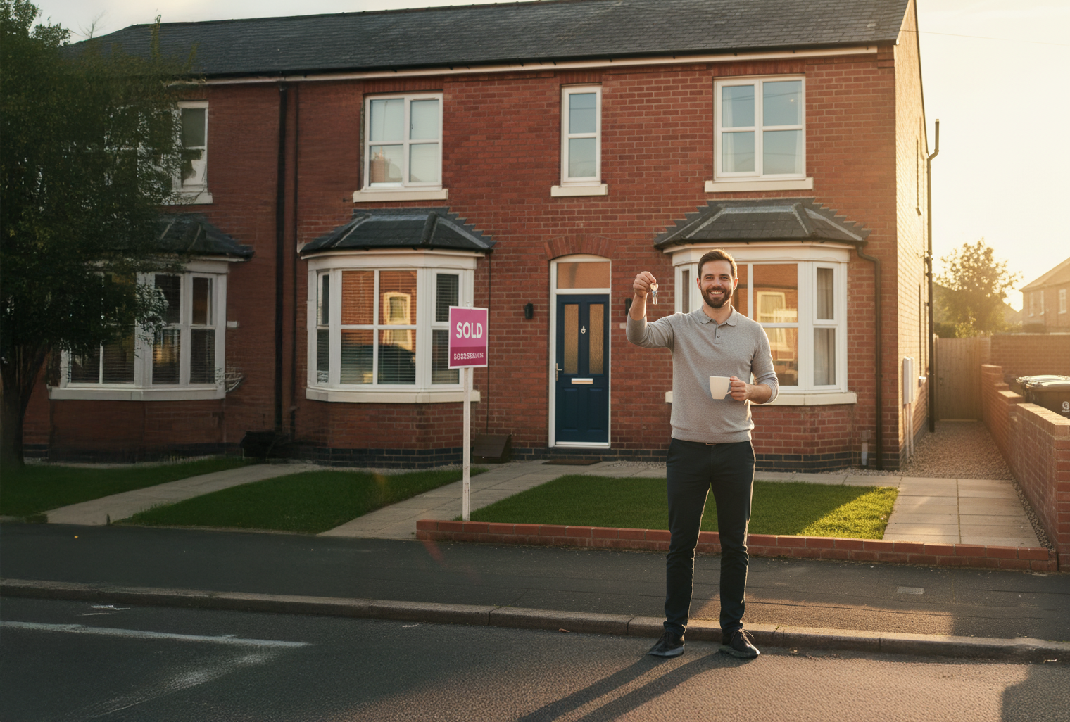 A man outside his new home follwoing a successful mortgage application