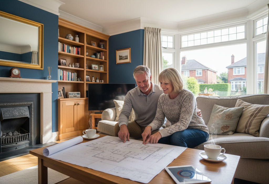 A middle aged couple sat in their lounge considering a remortgage