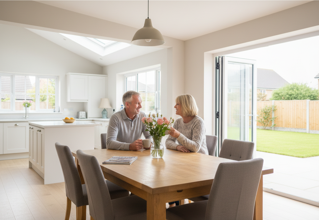 A middle aged couple sat in thier new kitchen
