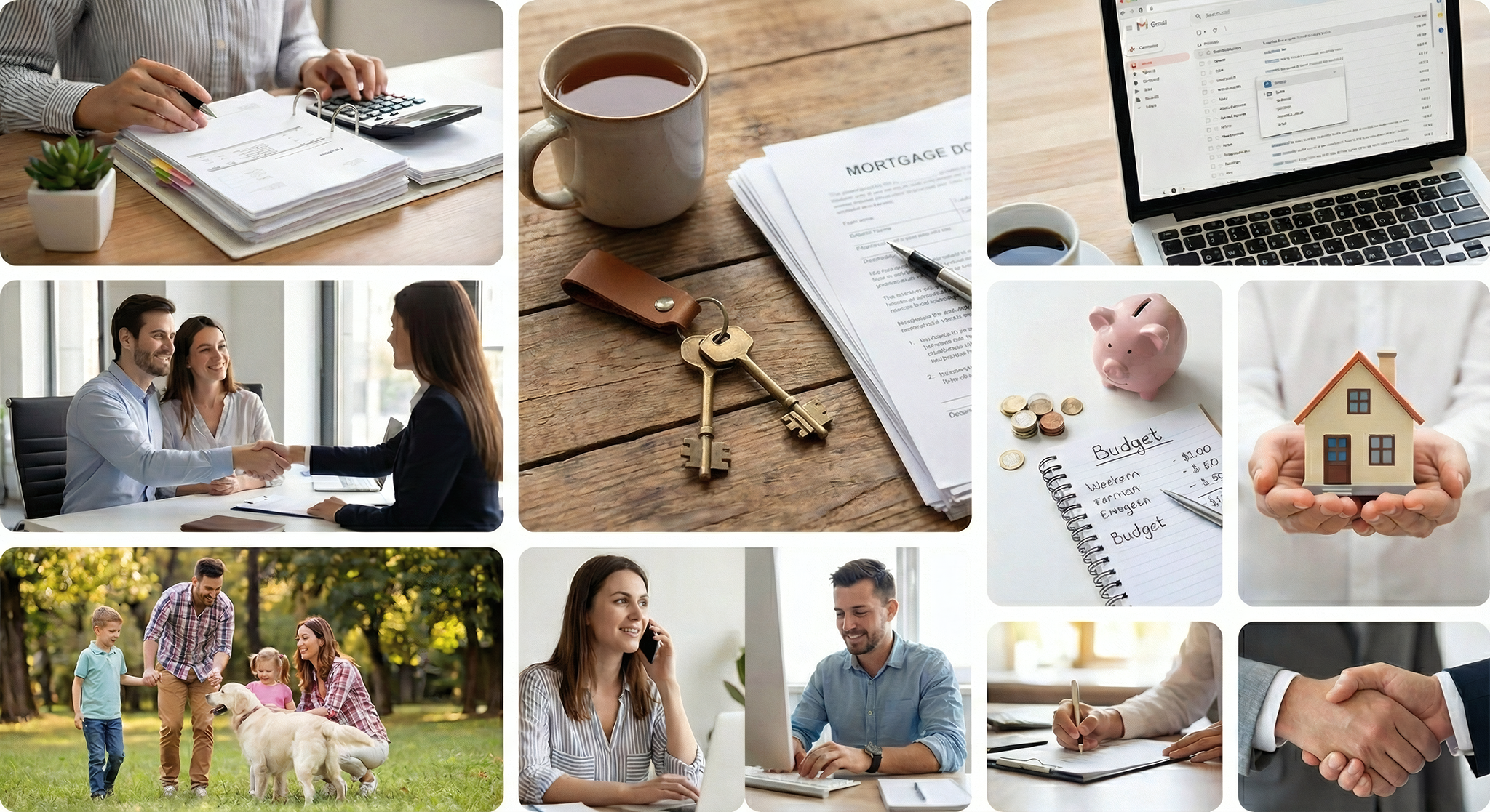 A nine panel photo collage illustrating bespoke financial and mortgage advice. Images include organizing paperwork with a calculator, house keys next to mortgage documents, a couple meeting with an advisor, budgeting tools like a piggy bank and notebook, hands holding a model house, a happy family outdoors, people on phone and computer calls, and a handshake agreement.