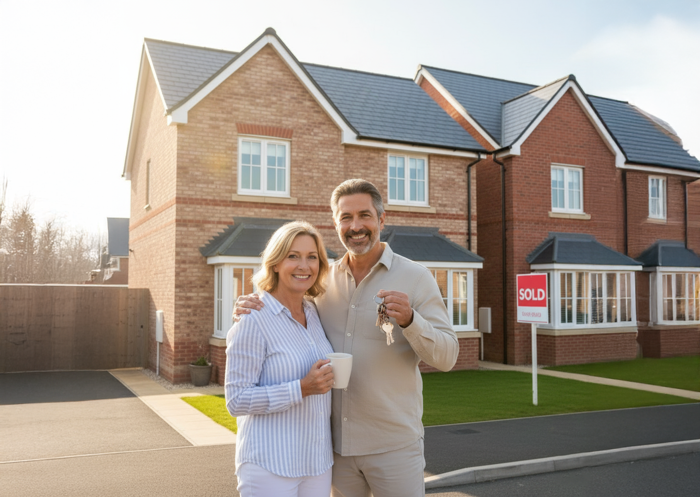 An expat couple standing outside their new UK home