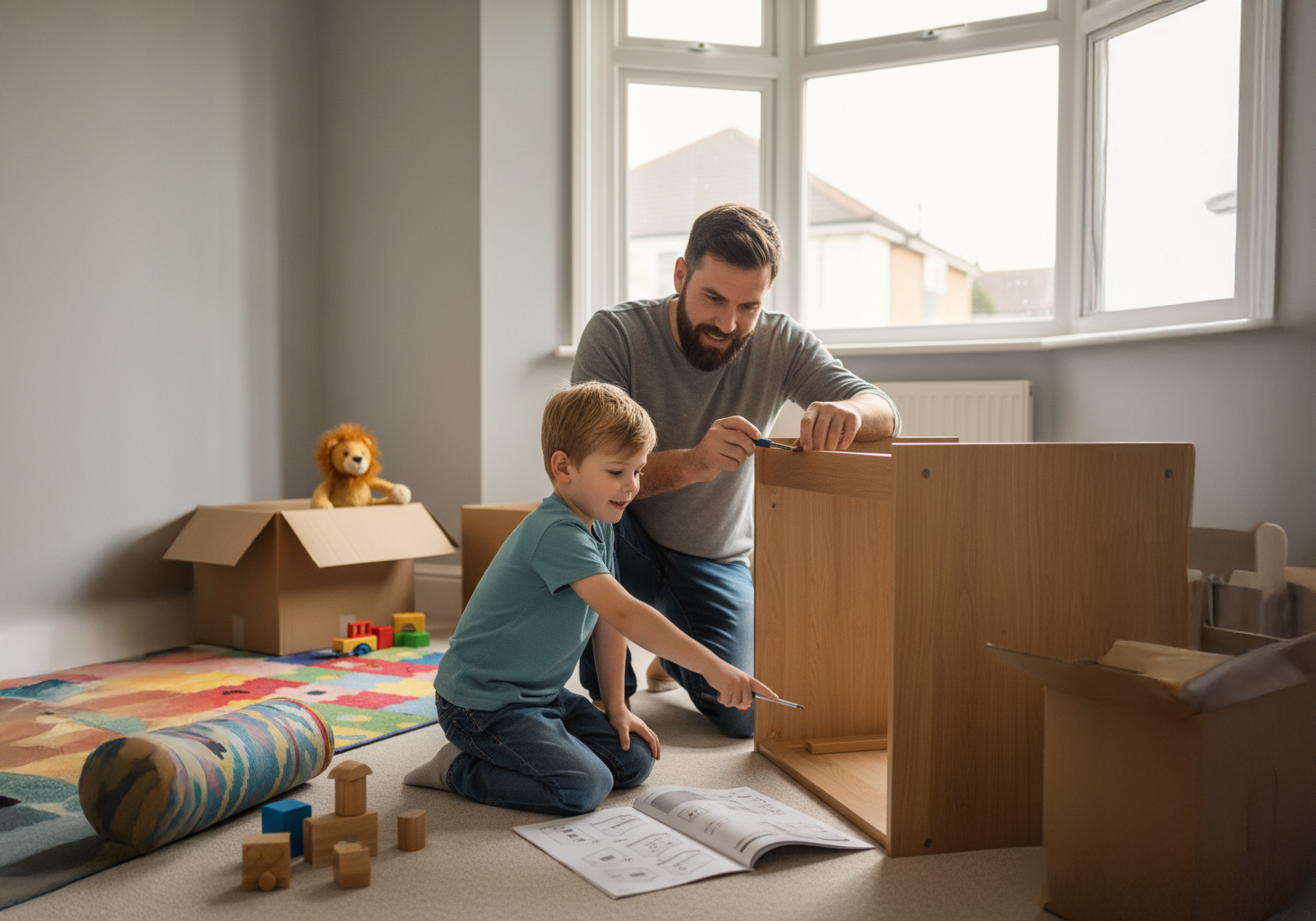 Father and son building flat pack furniture