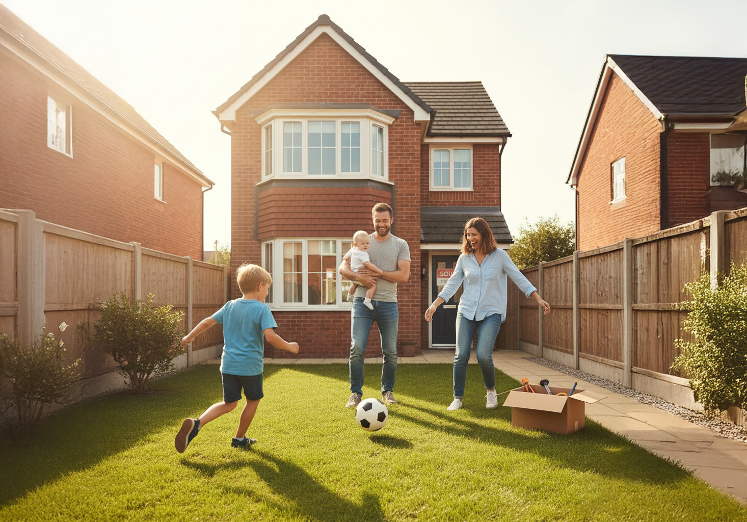 A young family playing in their new garden