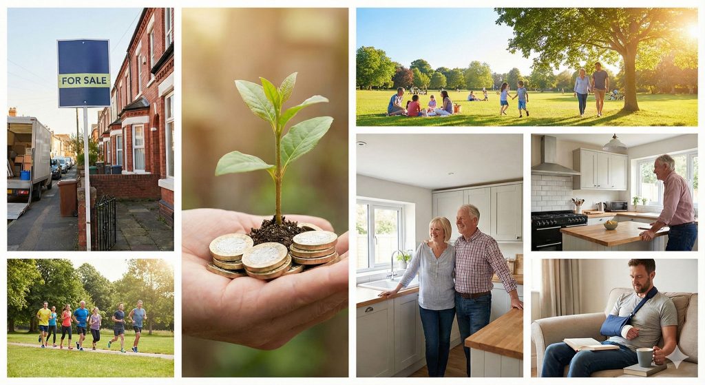 A masonry grid collage illustrating financial themes: a UK 'For Sale' sign outside a red brick terraced house, a seedling growing from a pile of pound coins, a bright sunny garden scene, a mature couple discussing plans in a kitchen, a group of friends jogging in a park, and a man relaxing comfortably on a sofa with a book.