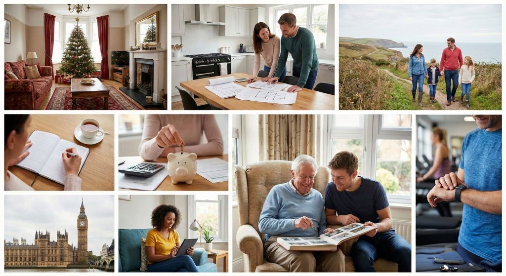A masonry grid collage of nine UK-based photographs illustrating various life stages and financial planning moments. Images include a festive living room decorated for Christmas, a couple reviewing property blueprints in a kitchen, a family walking on a coastal path, someone writing in a planner next to a cup of tea, a hand putting a coin into a piggy bank, an older and younger man looking through a photo album, a view of Big Ben and the Houses of Parliament, a woman using a tablet on a sofa, and a man checking his smartwatch in a gym.